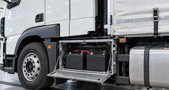 Caminhão com o compartimento lateral das baterias aberto